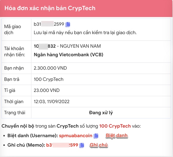 Kiểm tra đơn hàng bán CrypTech