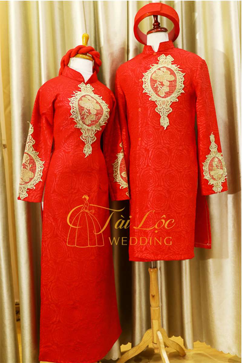 Áo Dài Cưới Cặp Cô Dâu Chú Rể Màu Đỏ Hoa Vàng - Tài Lộc Wedding
